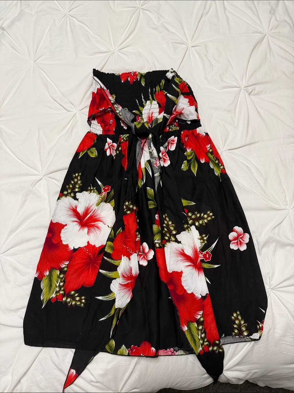 Strapless Black Floral Dress with Red & White Hibiscus